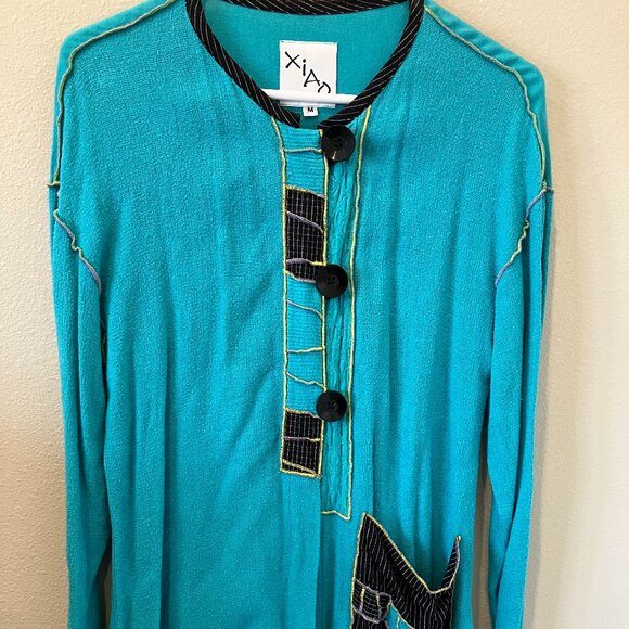 XIAO Turquoise/Black Art to Wear Patchwork Cardigan Button Tunic - M - Picture 1 of 6